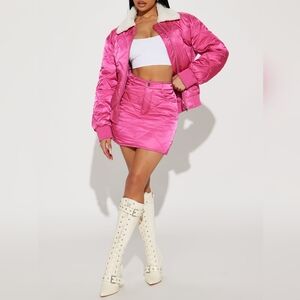 Hot Pink Satin Faux Fur Trimmed Quilted Jacket and Skirt Set (Size 3X)